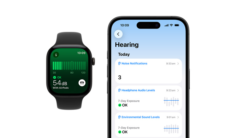 Apple Watch Series 12, aluminium case, black colour, Noise app, Sport Band, black colour, detailed Hearing daily summary open on paired iPhone
