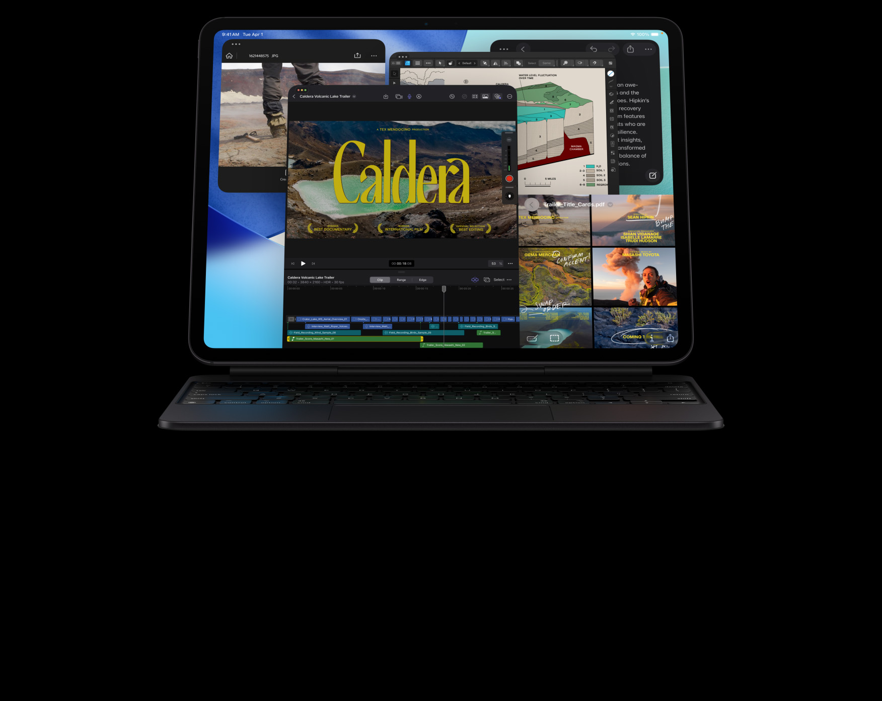 iPad Pro, предна външна страна, хоризонтална ориентация, цвят астро черно, свързан с Magic Keyboard, астро черно, дисплей с множество прозорци на приложения: Final Cut Pro с множество функции за редактиране на видео и таймлайн, Карти, Бележки, медийни клипове