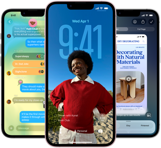 Три iPhone 17e устройства показват приложението Съобщения с Liquid Glass дизайн, динамичен Lock Screen и Visual Intelligence