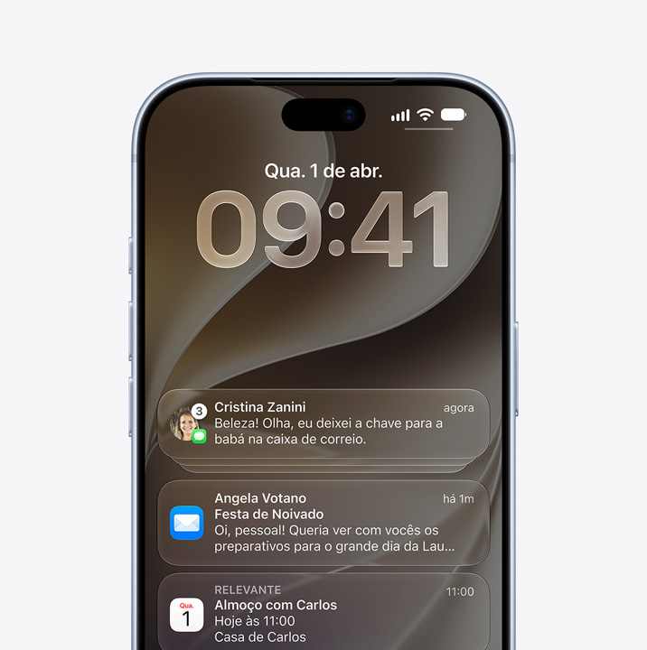 Tela do iPhone 18 Pro mostrando notificações dos apps Mensagens, Mail e Calendário na Tela Bloqueada