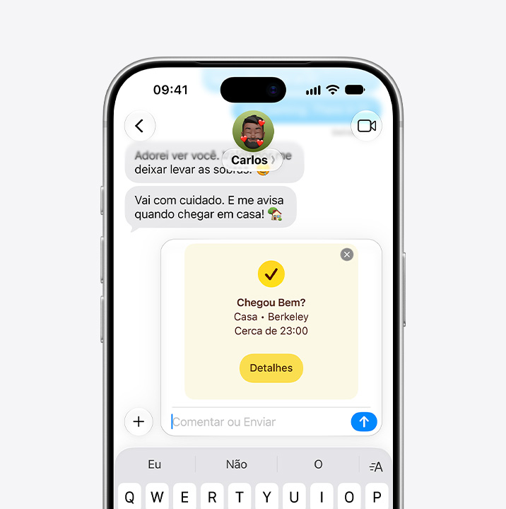 iPhone 18 Pro, front exterior, Messages app open with Check In feature notifying recipient that the sender has arrived home