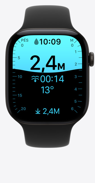 Apple Watch Series 12 com caixa preta de alumínio e pulseira esportiva preta, tela mostrando o app Profundidade e um mergulho de 2,4 metros