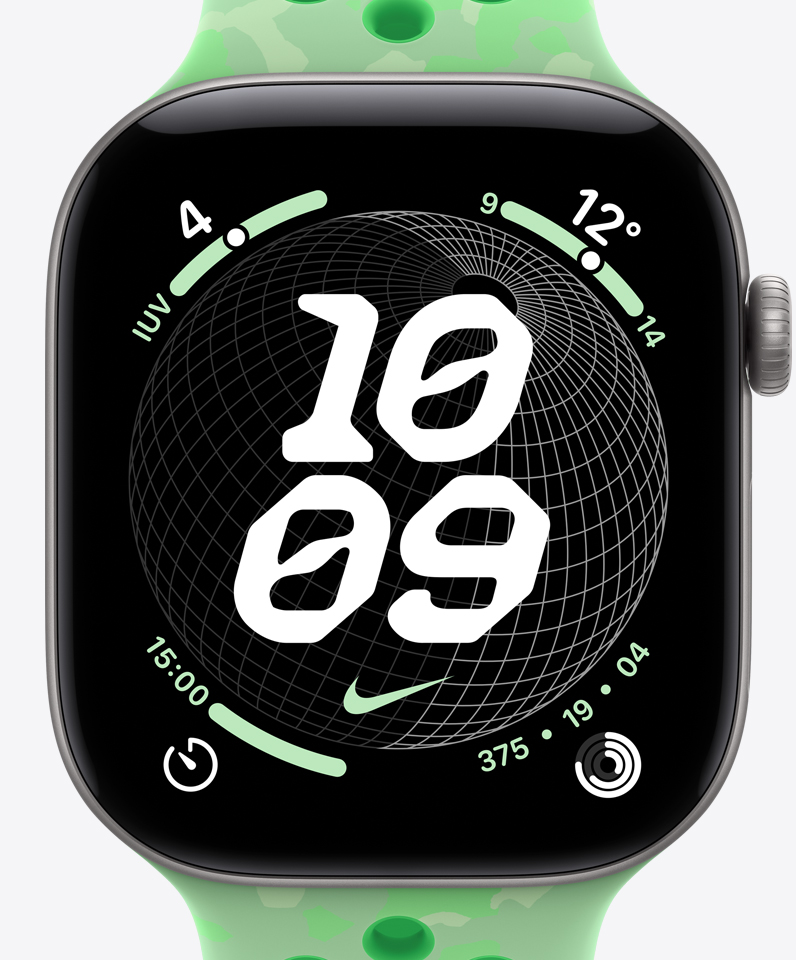 Cadran Globe Nike, heure, logo Swoosh de Nike, complications : indice UV, météo, minuteur, anneaux d’activité