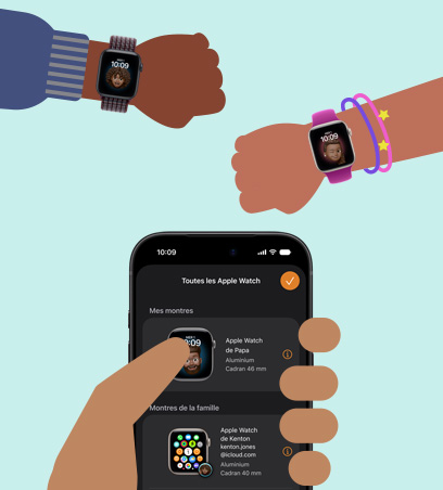 Apple Watch pour vos enfants, illustration en style dessin animé, poignets d’enfants avec des Apple Watch S E 3 jumelées à un iPhone dans la main d’un parent 