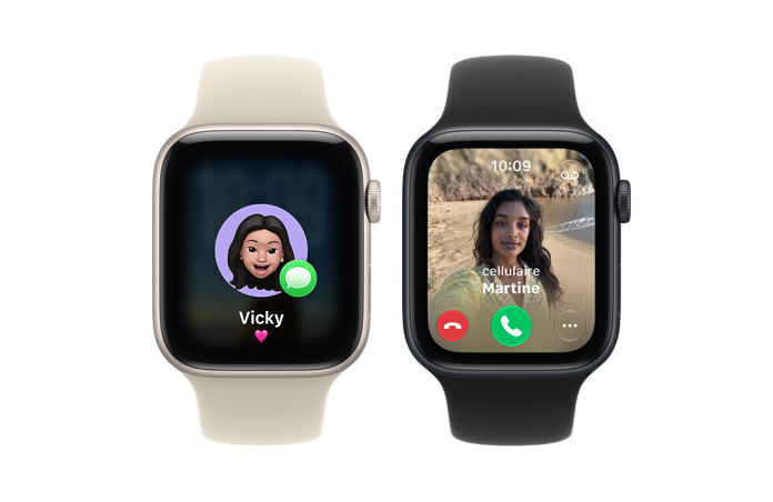 Des Apple Watch S E 3, boîtiers en aluminium, couleurs comète et minuit, écrans affichant un Memoji, appel entrant, côté droit, couronne Digital Crown, bracelets sport, couleurs sable (brun pâle) et noir