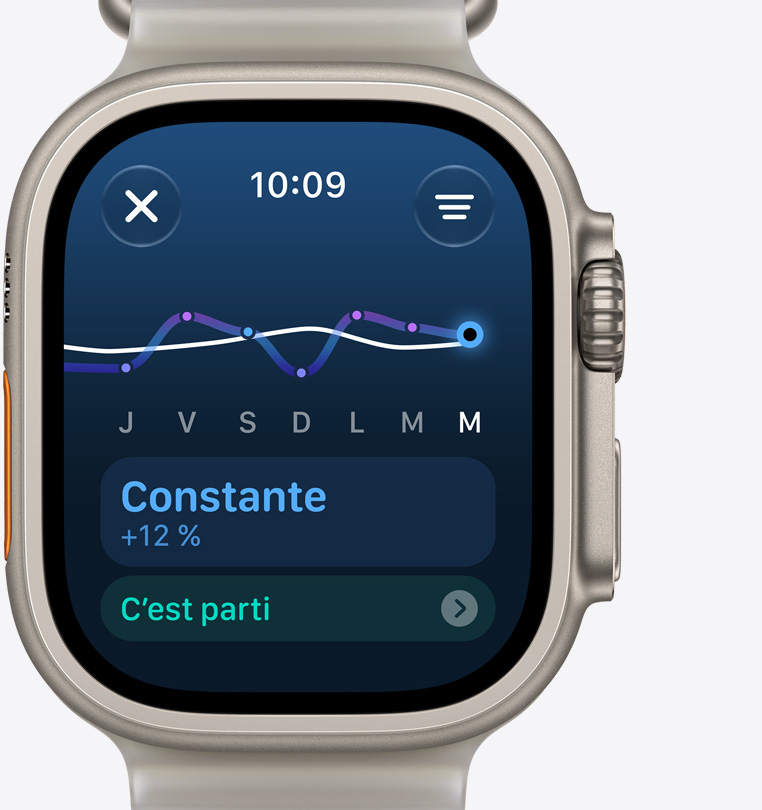 Apple Watch Ultra 4, boîtier en titane, couleur naturel, écran de charge d’entraînement indiquant une augmentation constante de l’effort