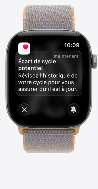 Apple Watch Series 12, boîtier en aluminium, couleur gris cosmique, notification indiquant un écart de cycle potentiel, Suivi du cycle dans l’app Santé, bracelet sport à rabat, couleur bleu chambray (gris-bleu pâle)