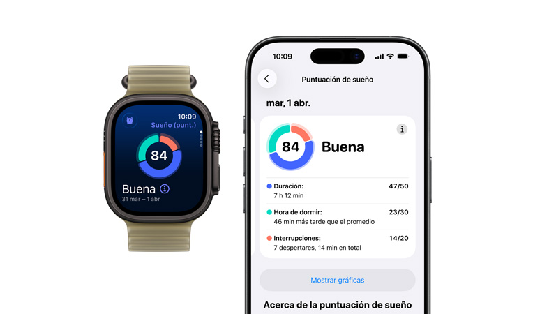 Apple Watch Ultra 4, caja de titanio, color negro, gráfico circular y puntaje de Puntuación de Sueño, correa Ocean, color alga marina translúcido (café verdoso pálido), análisis completo del sueño abierto en un iPhone enlazado