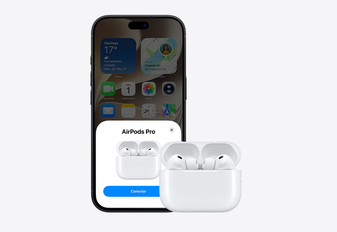 iPhone 17 Pro, parte frontal, pantalla de inicio en segundo plano, aviso de conexión de los AirPods en pantalla, unos AirPods en un estuche abierto al lado del iPhone