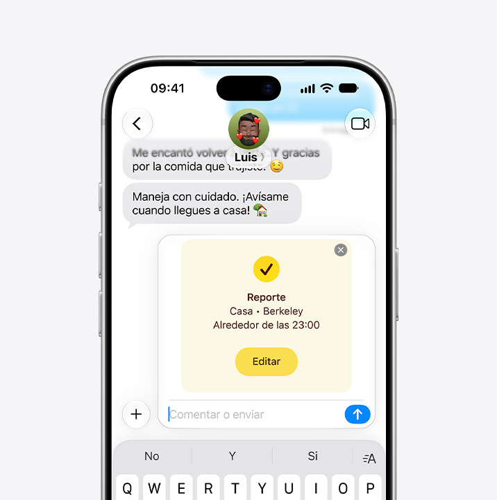 Pantalla de un iPhone que muestra una conversación en Mensajes con la funcionalidad Reporte en uso
