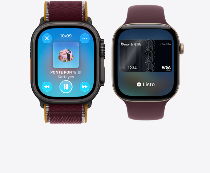Apple Watch Ultra 4, caja de titanio, color negro, app Apple Music, pantalla Ahora Suena, correa Trail, color borgoña; Apple Watch Series 12, caja de aluminio, color oro claro, pantalla Apple Pay, correa loop deportiva, color borgoña
