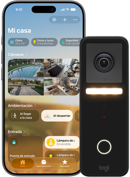 iPhone y cámara de seguridad usan las funcionalidades de Video Seguro de HomeKit.