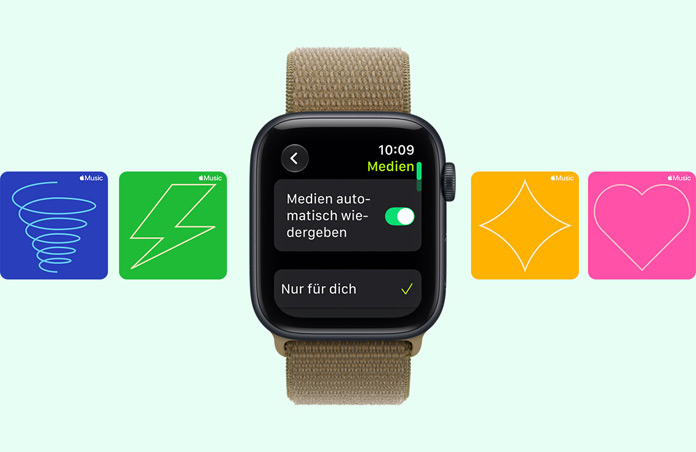 Apple Watch SE 3, aluminum case, midnight color, screen shows Media Player, right side exterior, Digital Crown dial, Sport Loop band, olive color (earthy green), background Apple Music graphic cards: whirlwind, lightning, diamond and heart illustrations