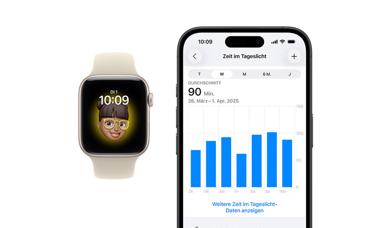 Apple Watch SE 3, Aluminiumgehäuse, Farbe Polarstern, Memoji Zifferblatt, iPhone, Health Teilen Tab mit Zeit im Tageslicht