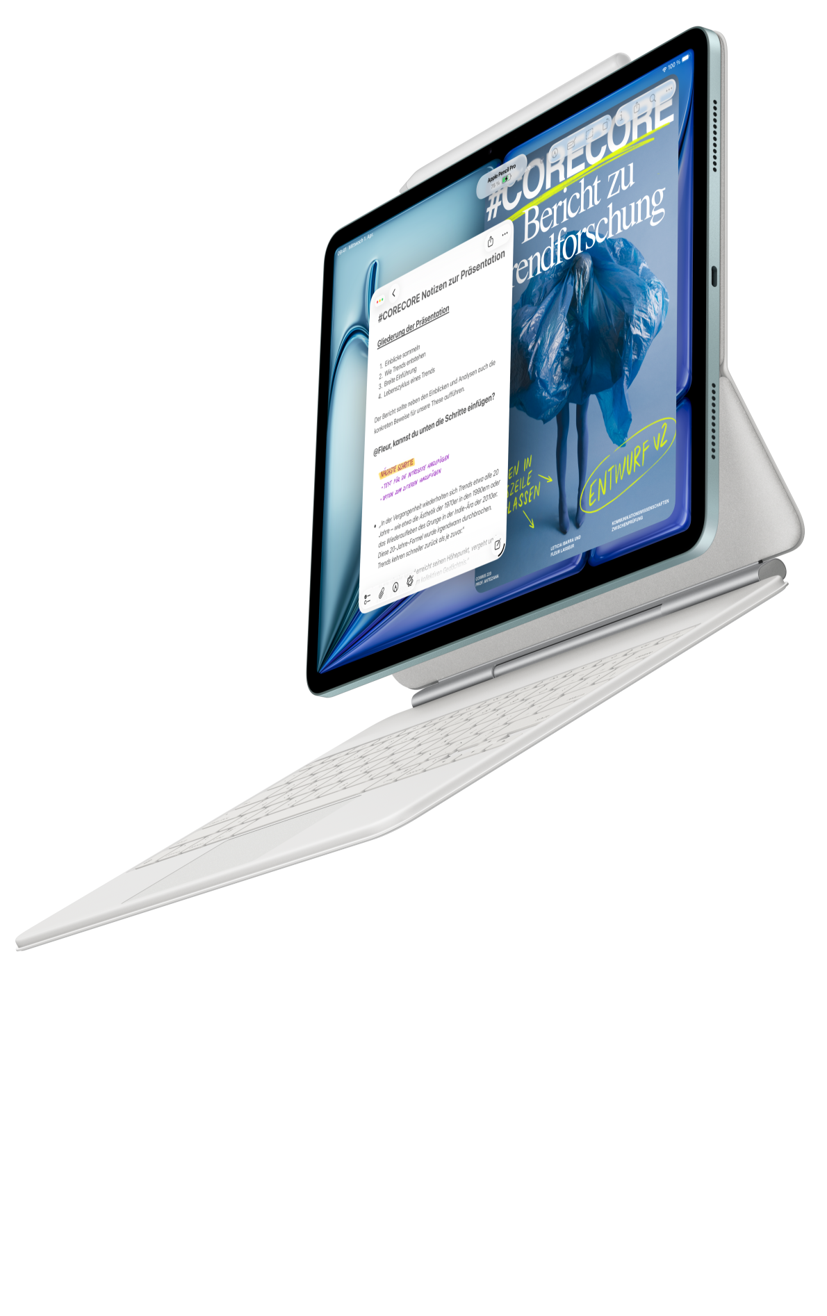Ein iPad Air ist mit dem Magic Keyboard für das iPad Air verbunden und ein Apple Pencil Pro 