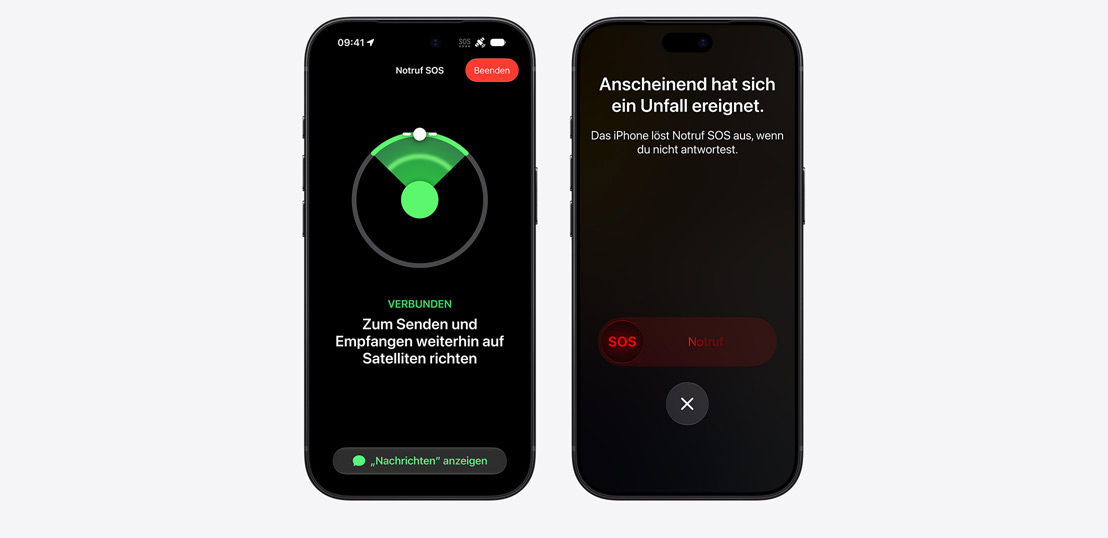 Three iPhone models side by side, display showing Messages, Find My, Roadside Assistance widgets available via Satellite, iPhone screen showing Emergency SOS in use, iPhone screen showing Roadside Assistance in use