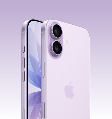 Lavendlivärvi viimistlusega iPhone 17, millel on näha osa ekraanist ning külg Action-nupu, helitugevuse nupu ja küljenupuga. Tagaküljest on näha arenenud topeltkaamerasüsteem vasakus ülanurgas.