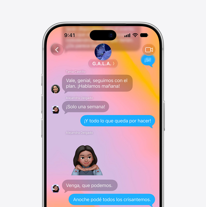 iPhone screen open to Messages app. Screen shows text conversation between two people that includes a Memoji.