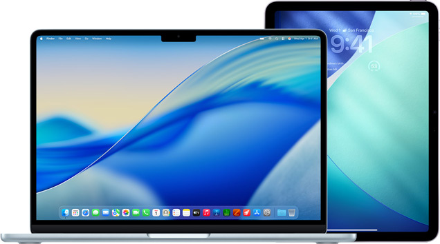 MacBook links, iPad rechts, beide Displays zeigen ein ähnliches Hintergrundbild in Blau und Grün.