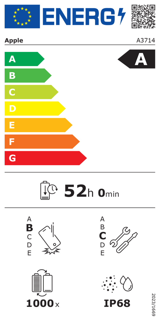 QR-kod för energimärkning och information (EU), Apple-modell A3714, klass A, klasser för energieffektivitet (skala från A till G), A (mest effektiv) till G (minst effektiv), batteritid per laddningscykel, 52 timmar och 0 minuter vid full laddning, tillförlitlighet vid upprepat fritt fall: klass B, A (mest robust) till E (minst robust), reparerbarhet: klass C, A (mest reparerbar) till E (minst reparerbar), batteriets livslängd i antal cykler: 1000, IP68-klassad damm- och vattentålighet, förordning 2023/1669.