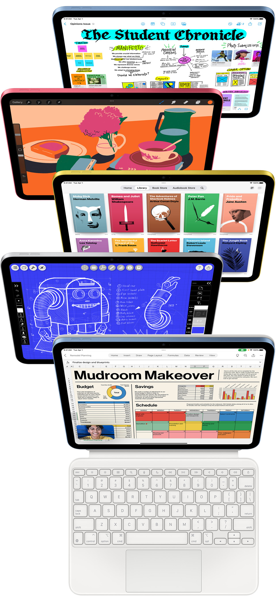 Des écrans d’iPad affichent toute une variété d’apps, dont Freeform, ProCreate, Livres, iMovie et Microsoft Excel avec Webex Meetings.
