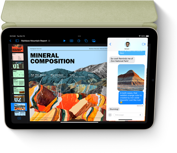 iPad mini na horizontal a mostrar as apps Keynote e Mensagens com o Slide Over.