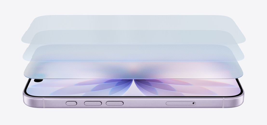 Laventelinvärinen iPhone 17 kyljellään vaakatasossa, Ceramic Shield 2 näkyy kolmena eri kerroksena