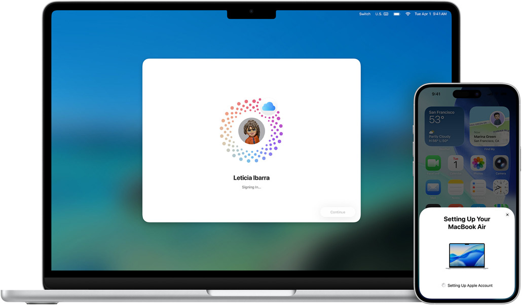 MacBook Air de 13 pulgadas y iPhone 16 Plus, macOS instalado en un MacBook, iPhone muestra indicaciones para configurarlo