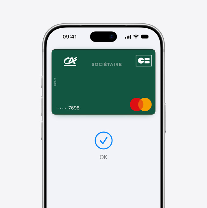 Partial iPhone screen display, showing a credit card being used in Apple Pay