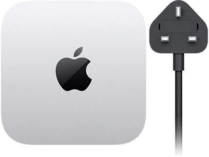 Mac mini, top, silver aluminum, square, rounded corners, glossy black Apple logo centered, black power cord with two-prong power plug