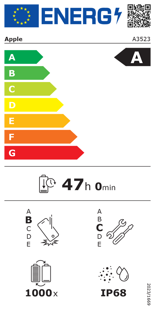 QR kod i informacije za EU oznaku energetske učinkovitosti, Appleov model A3523, razred B, razredi energetske učinkovitosti (prema ljestvici od A do G), od A (najučinkovitije) do G (najmanje učinkovito), izdržljivost baterije po ciklusu, 47 sati i 0 minuta po punom punjenju baterije, razred B za pouzdanost pri višekratnim slobodnim padovima, od A (najizdržljivije) do E (najmanje izdržljivo), razred C za popravljivosti, od A (najlakše popravljivo) do E (najteže popravljivo), 1000 ciklusa izdržljivosti baterije, ocjena IP68 za zaštitu od prodora prašine i vode (IP), uredba 2023/1669