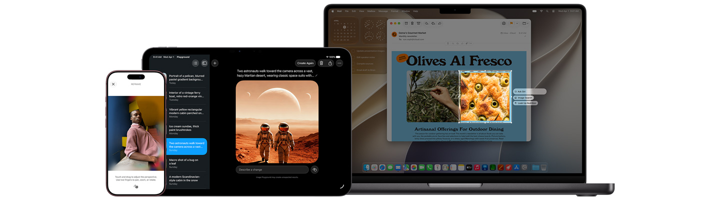 Három termék, köztük egy 14 hüvelykes ezüstszínű MacBook Pro, amelyen az Értesítést kérek funkció van használatban, egy 11 hüvelykes ezüstszínű iPad Pro, amelyen az Image Playground oldalsávján található listából kiválasztott két űrhajós képe látható, valamint egy ezüstszínű iPhone 18 Pro, amelyen az Átkeretezés funkcióval szerkesztenek egy pultra támaszkodó emberről készült képet.