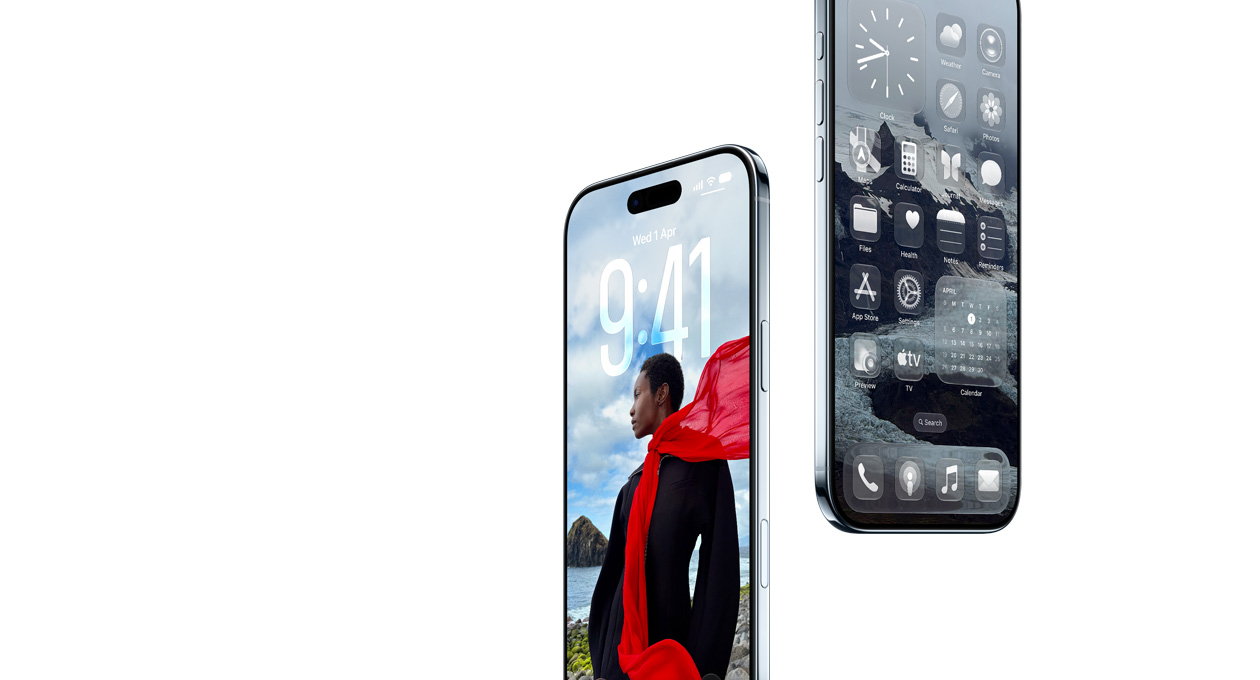 Two iPhone Air devices floating in the air at an angle, with the lock screen shown on one device and the Home Screen, with apps like Maps, Music, and Apple TV apps on the other.