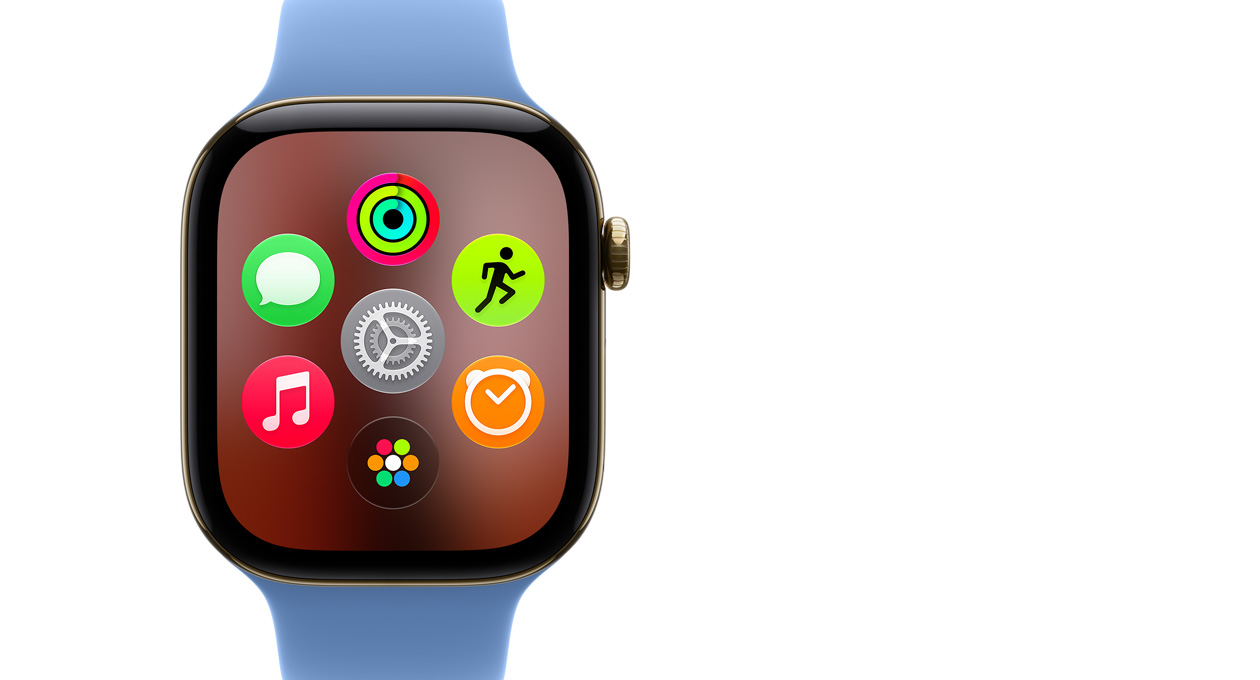 Apple Watch Series 12 ragyogó aranyszínű titántokkal, a kijelzőn a Dinamikus appelrendezés