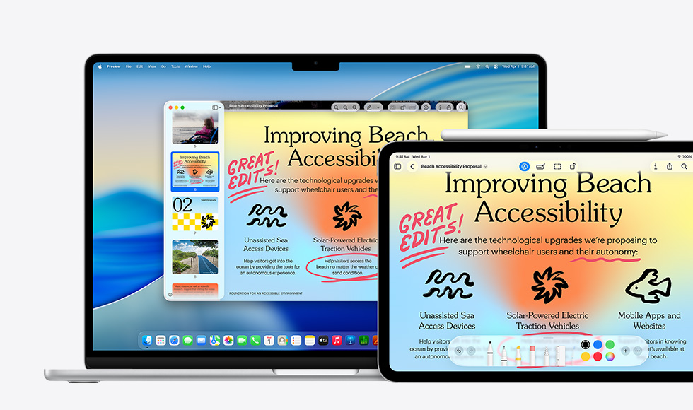 Beberapa perangkat Apple, gambar yang sama di setiap perangkat, Apple Pencil telah digunakan untuk menandai gambar di iPad, markup ditampilkan di perangkat lain