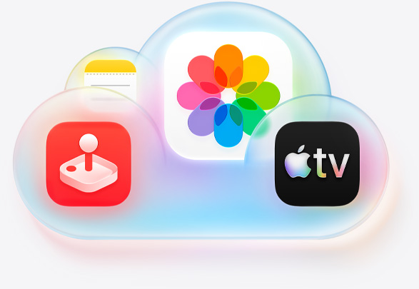 Apple subscription services logotypes including Apple Music, Fitness+, Apple TV,  Apple Arcade, iCloud+