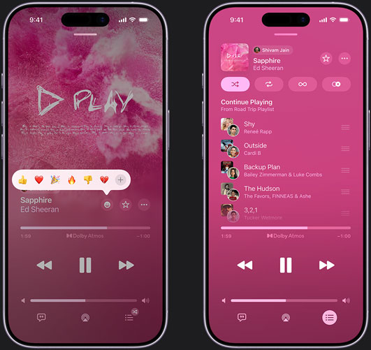 iPhone on left showing “Sapphire” by Ed Sheeran playing on iPhone screen with reaction emoji prompt showing options to thumbs up, heart, celebrate, thumbs down or add another reaction. iPhone on right showing collaborative playlist called Hawaii Playlist with multiple songs added by other contributors