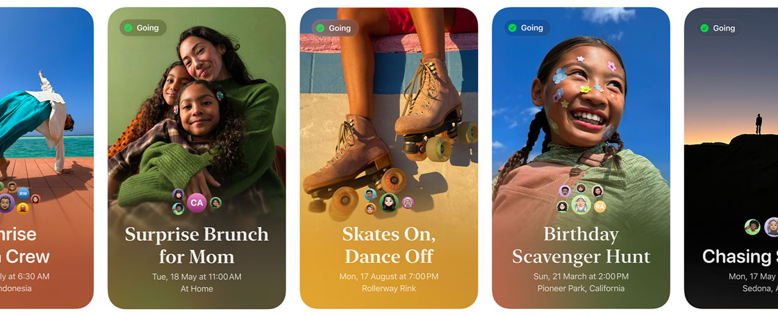 Row of Apple Invites featuring colourful custom photography for events called Surprise Brunch for Mom; Skates On, Dance Off; and Birthday Scavenger Hunt