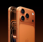 iPhone 17 Pro, cosmic orange finish, back angled exterior, Pro Fusion camera system in plateau at top, Camera Control button, front side exterior all screen design, Action and volume buttons