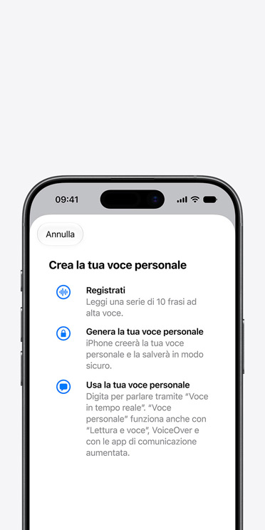 Schermata di un iPhone 17 con la funzione Voce personale e le istruzioni per impostarla