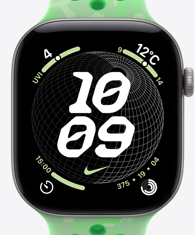 Nikeグローブの文字盤、時刻、Nikeスウッシュのロゴ。コンプリケーション:UV指数、天気、タイマー、アクティビティリング