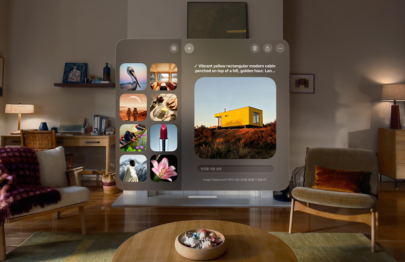 방 안에 떠 있는 Apple Vision Pro의 Image Playground 화면에서 노란색 통나무집 이미지를 생성하는 모습