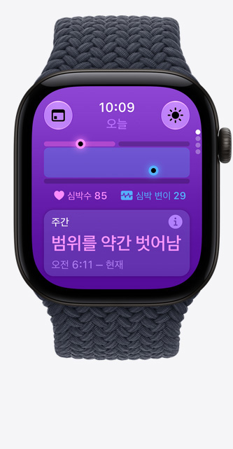 블랙 색상 알루미늄 케이스의 Apple Watch Series 12. '활력 징후' 앱에 건강 점수 차트, 현재 분당 심박수, 주간 활력 징후 '범위를 약간 벗어남'이 표시되어 있으며 네이비 블루 색상 브레이드 솔로 루프 밴드를 장착