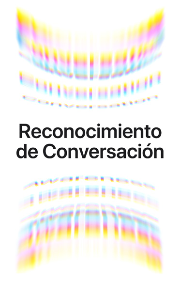 Ondas sonoras del ambiente como arcos coloridos, arriba y abajo, con un texto en el centro que dice: Reconocimiento de Conversación