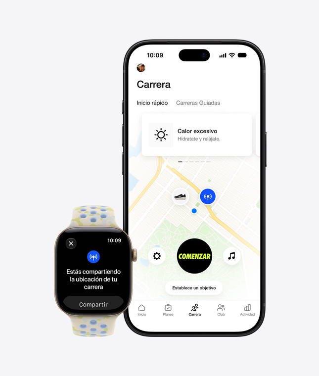 Apple Watch Series 12, caja de aluminio, color oro claro, correa loop deportiva Nike, color gris pavimento (gris oscuro con un patrón tejido gris medio y detalles en rojo), pantalla de ubicación compartida, iPhone 18 Pro, la app Nike Run Club muestra el mapa de una carrera al aire libre