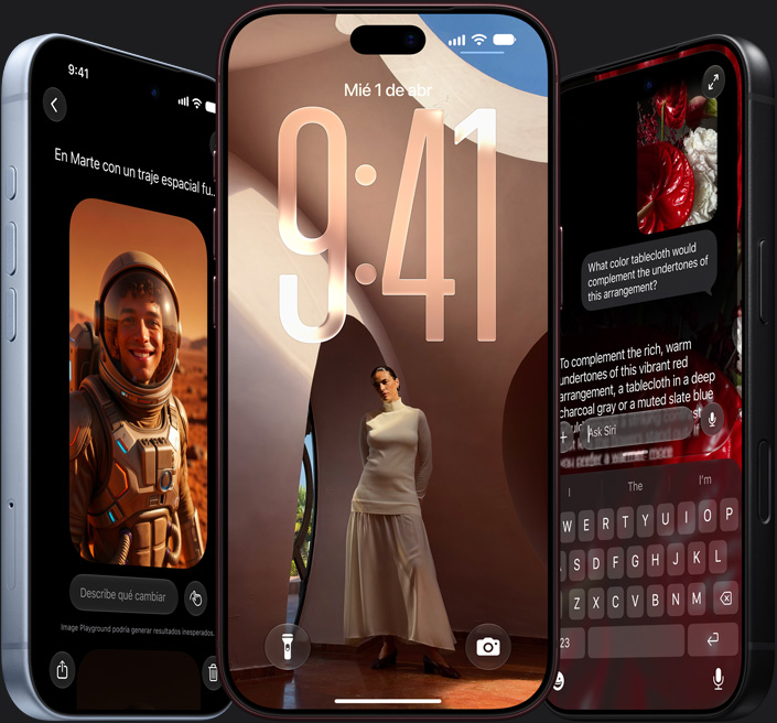 Siri AI, iPhone 18 Pro a la izquierda, parte posterior, color plata; iPhone 18 Pro al centro, se muestra un teclado y Siri con información sobre una pelota de cricket; iPhone 18 Pro Max a la derecha, negro, Siri muestra una receta