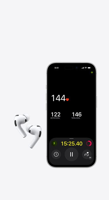 Kairės ir dešinės pusės belaidės ausinės šalia „iPhone“ su širdies ritmo matuokliu ekrane