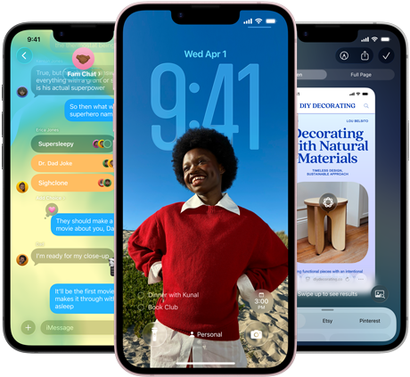 Trys „iPhone 17e“ telefonai, kuriuose matoma programa „Žinutės“ ir „Liquid Glass“ dizainas, dinaminis užrakintas ekranas ir naudojama funkcija „Visual Intelligence“