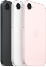 „iPhone 17e“, šoninė ir galinė dalis, juodos spalvos, šoninė ir galinė dalis, baltos spalvos, šoninė ir galinė dalis, švelnios rožinės spalvos, „Fusion“ kamera viršuje, šoninis mygtukas