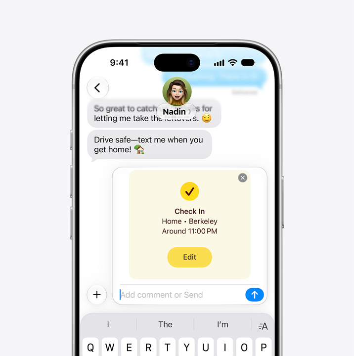 iPhone 18 Pro, front exterior, Messages app open with Check In feature notifying recipient that the sender has arrived home